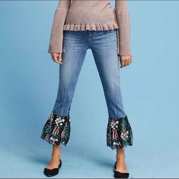 High washed flare jeans with pattern bottom - Picture 1 of 5